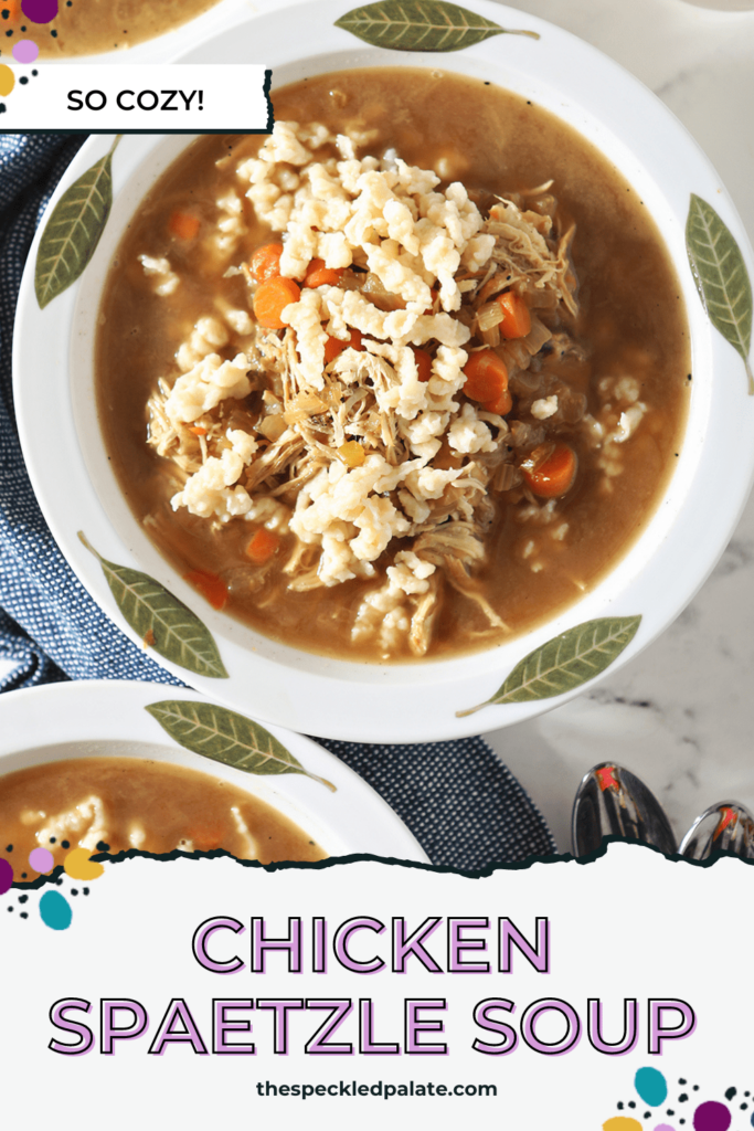 Three white bowls hold chicken soup with German noodles on a metal tray with wine and spoons with the text 'chicken spaetzle soup'