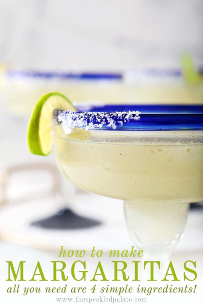 Close up of a lime twist on the salted rim of a margarita with the text 'how to make margaritas. all you need are 4 simple ingredients!'