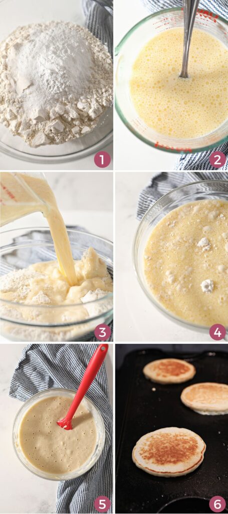 Collage of six images showing how to mix the homemade pancake batter, as well as the pancakes on a griddle