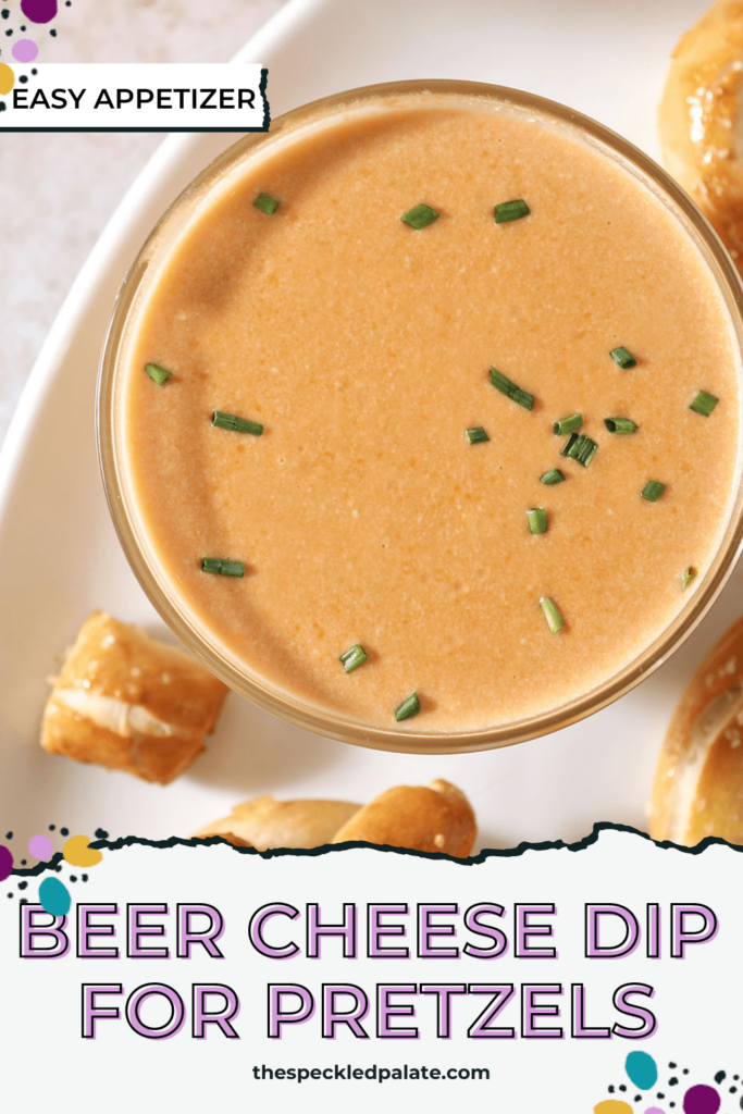 Close up of a bowl of cheese dip with the text beer cheese dip for pretzels