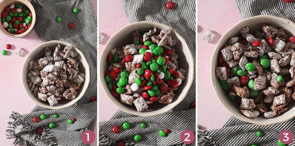 A collage of three images showing how to make Christmas Puppy Chow