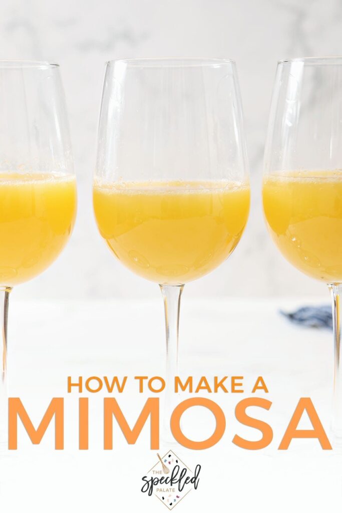 Three wine glasses holding orange drinks sit on a marble countertop with the text 'how to make a mimosa'