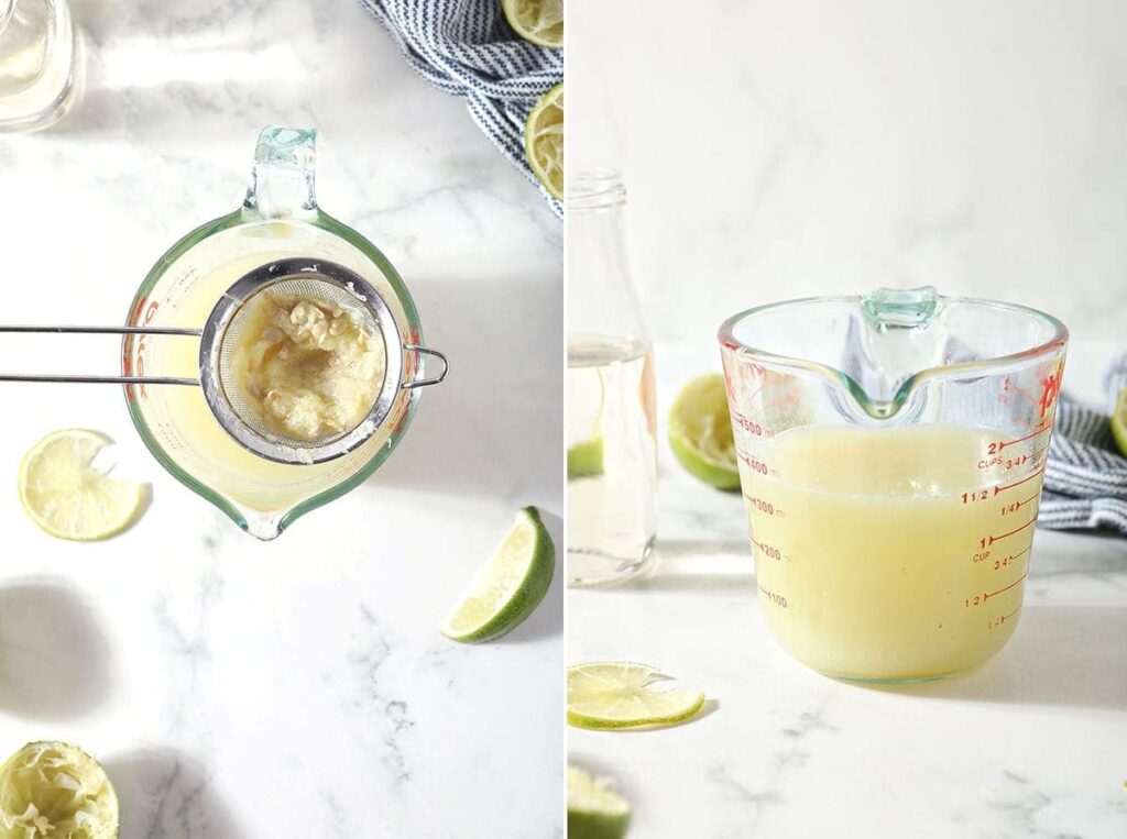 Collage of two images showing strained lime juice from above with a mesh strainer and the lime juice in a liquid measuring cup