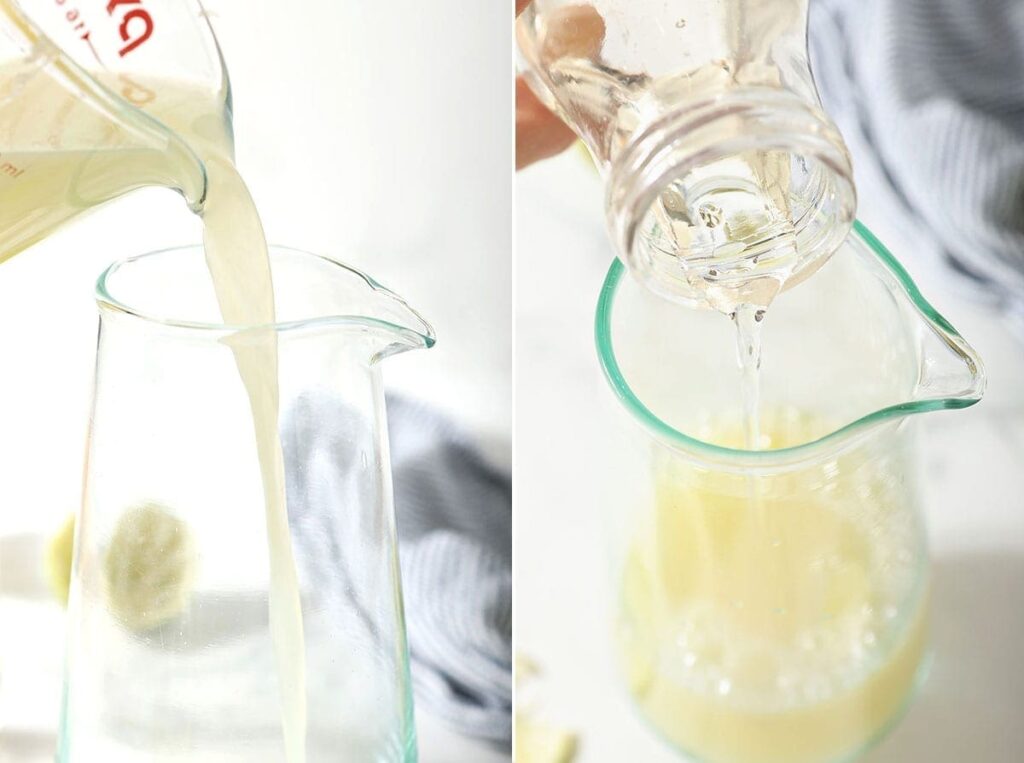 Collage of two images showing lime juice poured into a pitcher and then simple syrup poured into the same pitcher