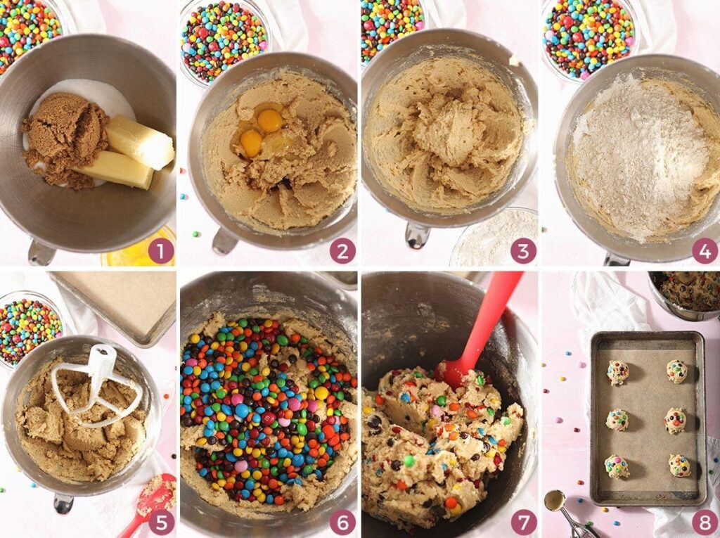 A collage of eight images showing how to make M&M cookie dough