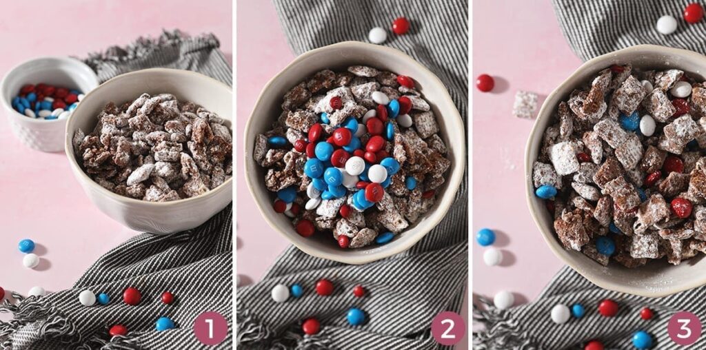 A collage of three images showing how to make Patriotic Puppy Chow