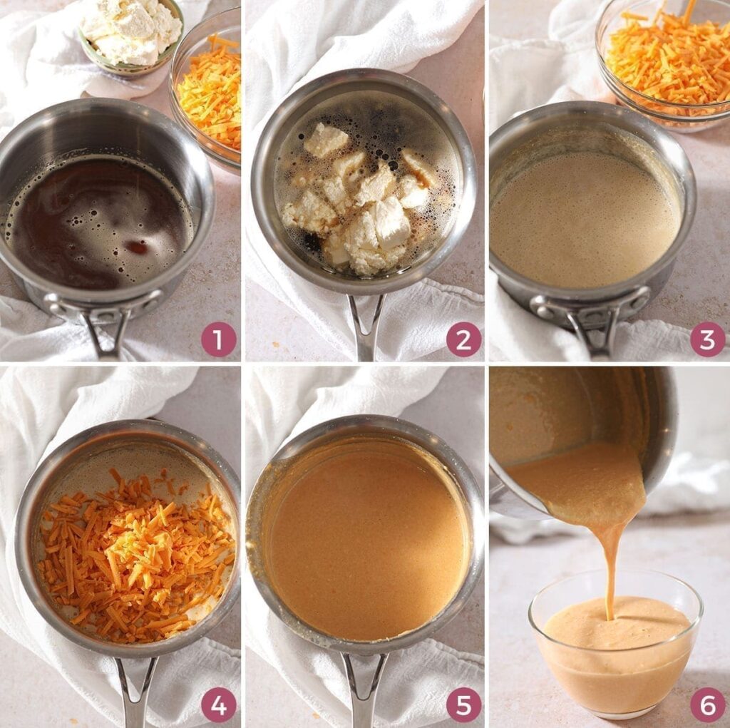 Collage of six images showing how to make Beer Cheese Dip