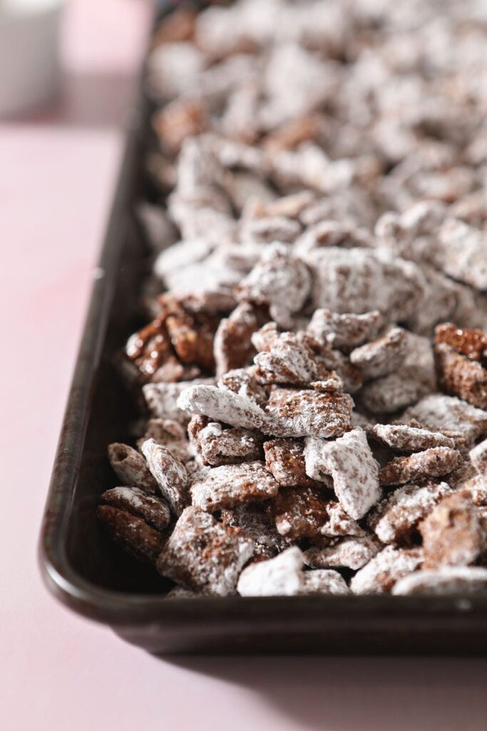 A sheet tray holds puppy chow