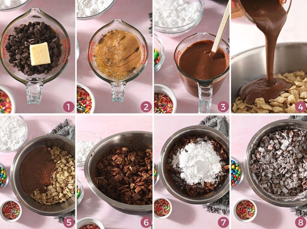 A collage of eight images showing how to make Chex Mix Puppy Chow from scratch at home