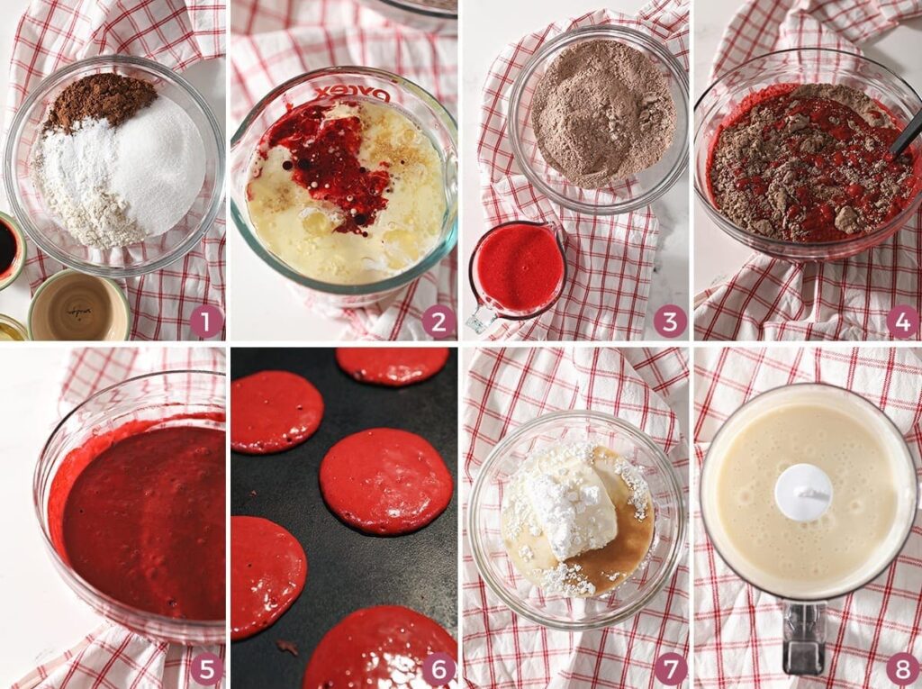 Collage of eight images showing how to make Red Velvet Pancakes from scratch and their cream cheese glaze