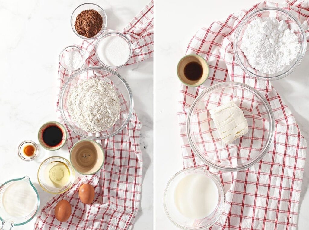 Collage of two images showing ingredients for red velvet pancakes and a homemade cream cheese glaze