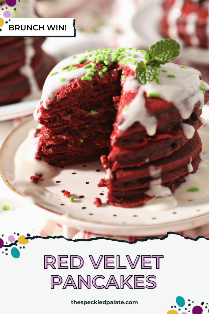 A stack of red pancakes drizzled with a cream cheese glaze with the text red velvet pancakes