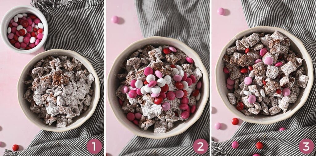 A collage of three images showing how to make Valentine's Day Puppy Chow