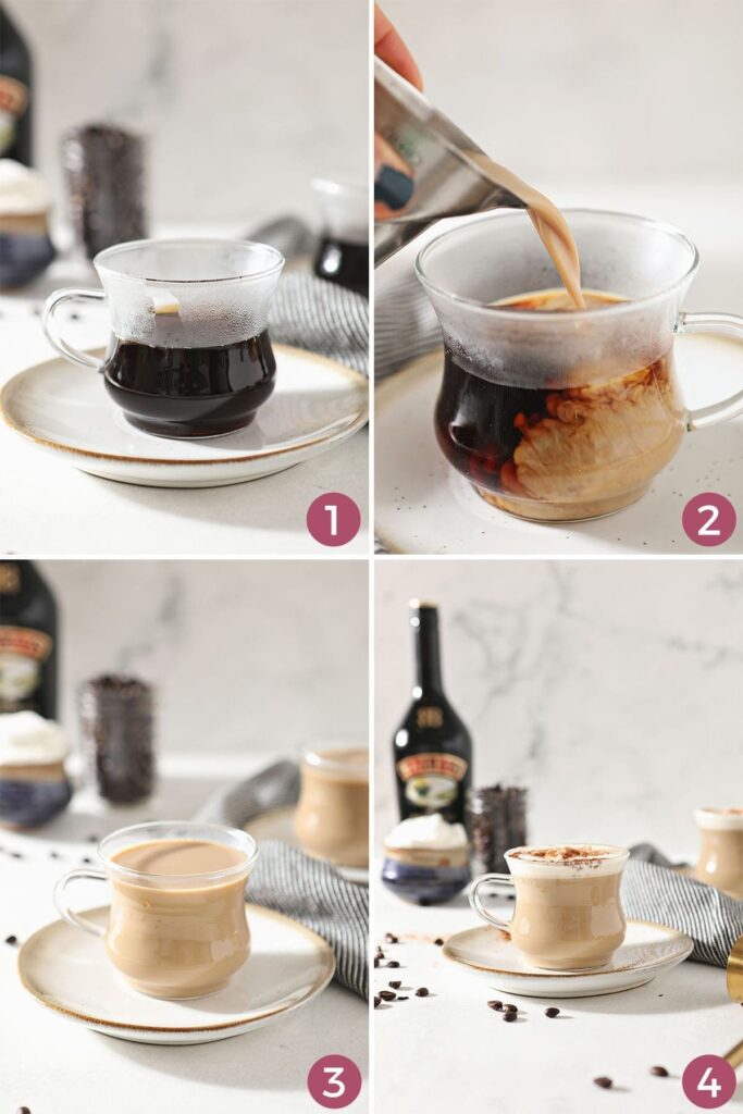 A collage of four images showing how to make Irish Cream Coffee