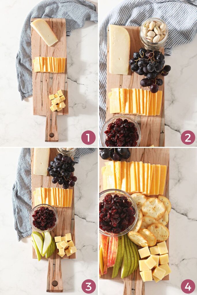 A collage of four images showing how to make and arrange a snack board