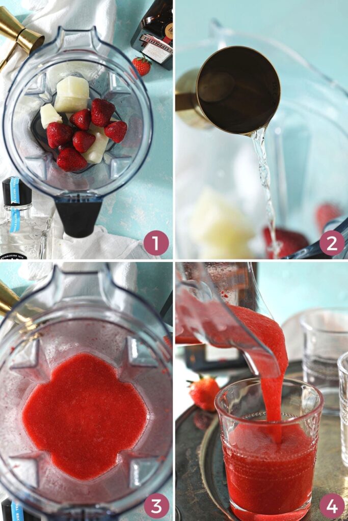 Collage of four images showing how to make a frozen strawberry margarita