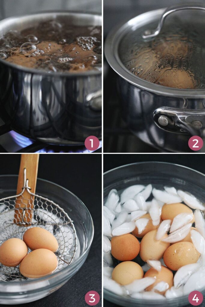 A collage of four images showing the best way to hard boil eggs, as well as cool them off in an ice bath