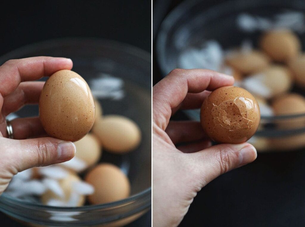 Collage showing a recently boiled egg and a crack in the bottom of the shell