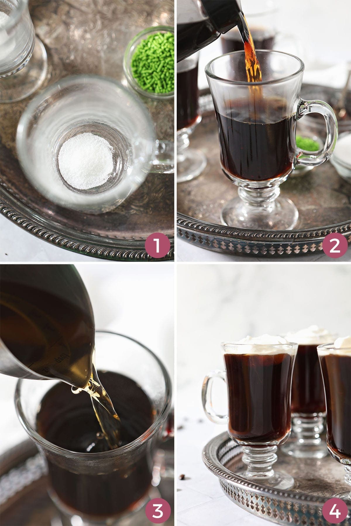 Collage of four images showing how to make an Irish Coffee