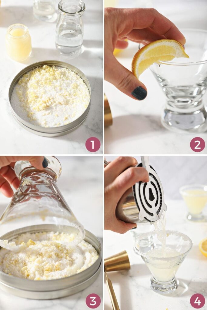 A collage of four images shows how to make a lemon sugar rim, how to rim a martini glass and how to pour a drink into it