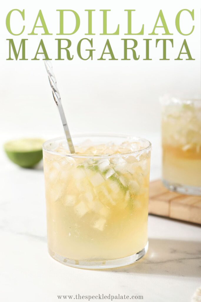 A spoon stirs a golden drink with the text 'cadillac margarita'