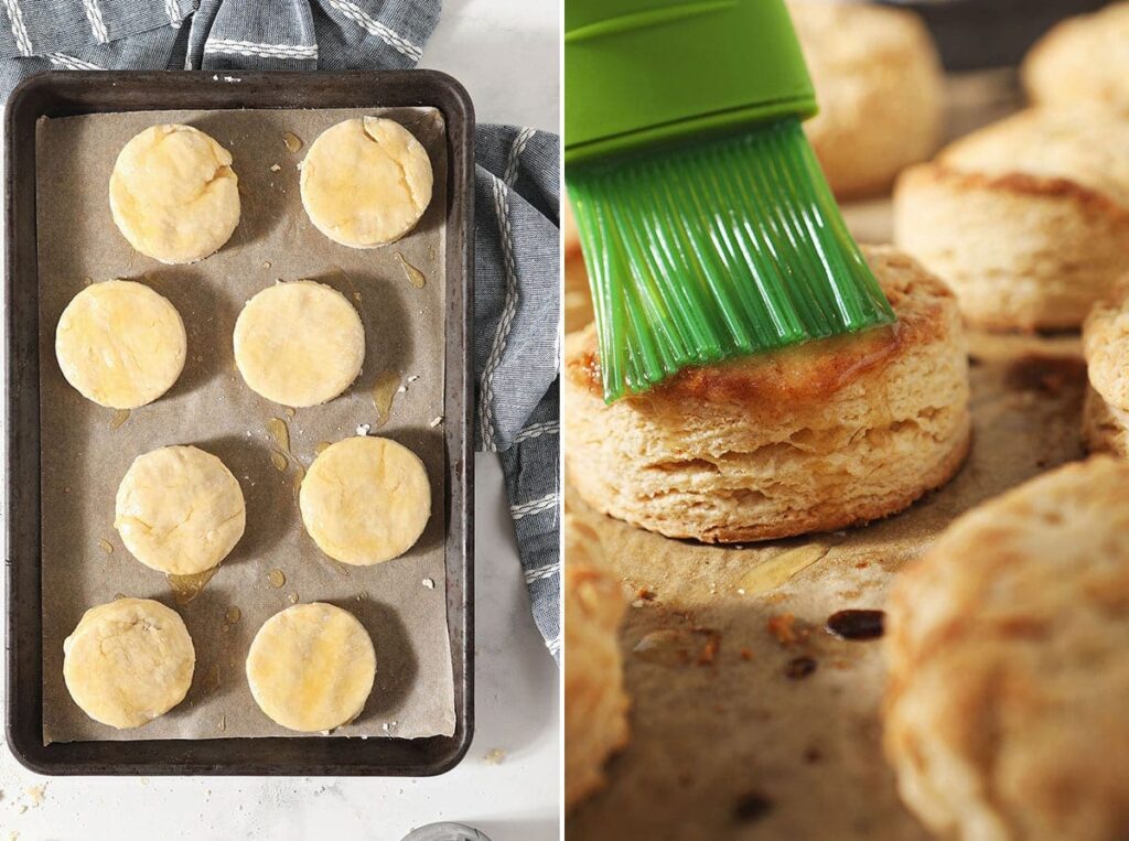 A collage of a tray of unbaked biscuits and a final biscuit brushed with honey butter