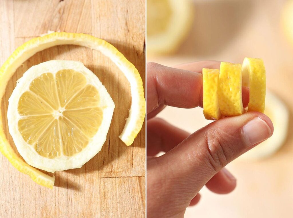 Collage of two images showing how to make a lemon cocktail garnish