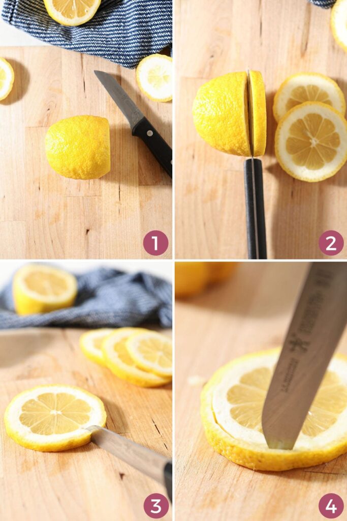 Collage of four images showing how to trim and cut a lemon peel from the lemon