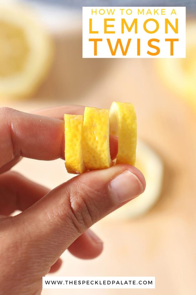 A hand shapes a lemon curl with the text 'how to make a lemon twist'