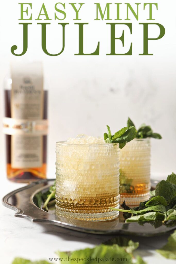 Two mint juleps on a silver tray with the text 'easy mint julep'