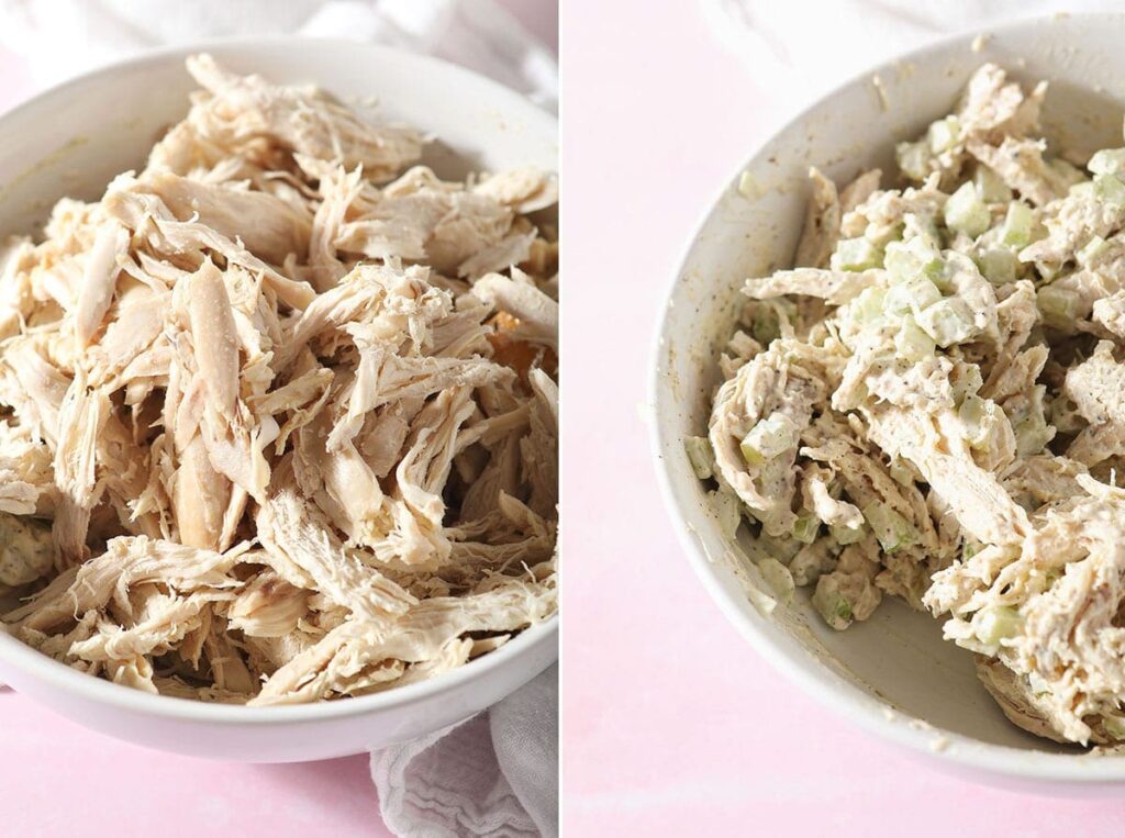 A collage of two images showing the chicken before and after mixed into the salad