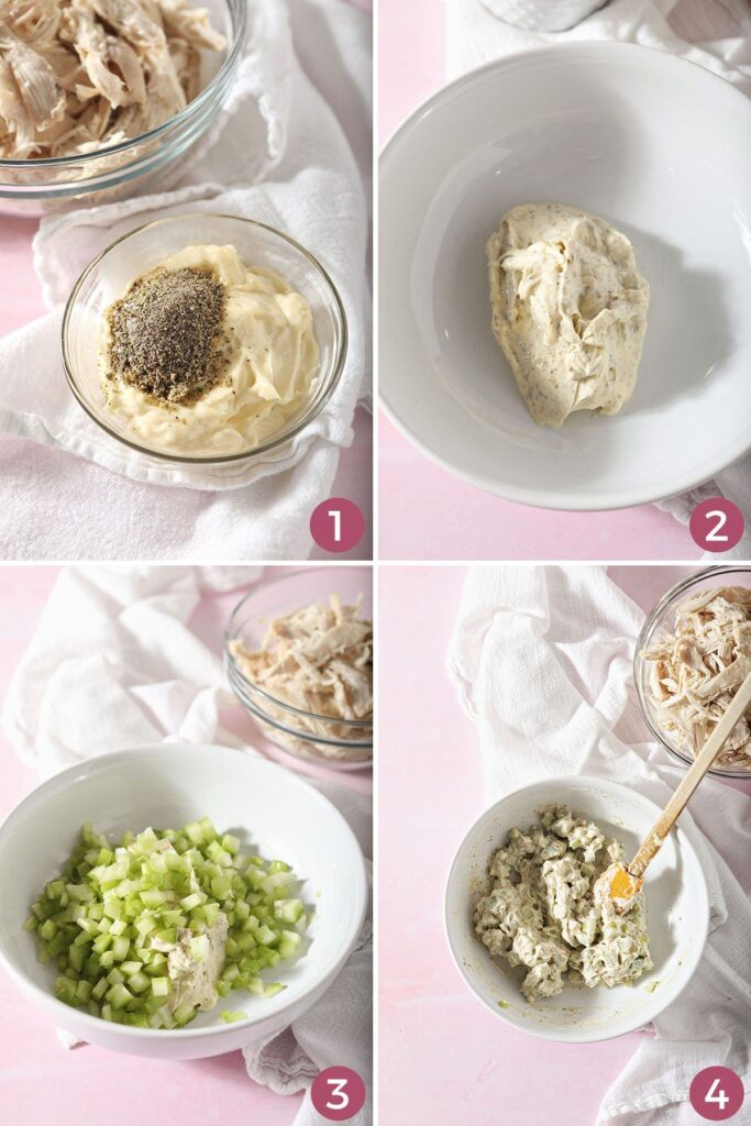 A collage of four images showing how to make the base for rotisserie chicken salad