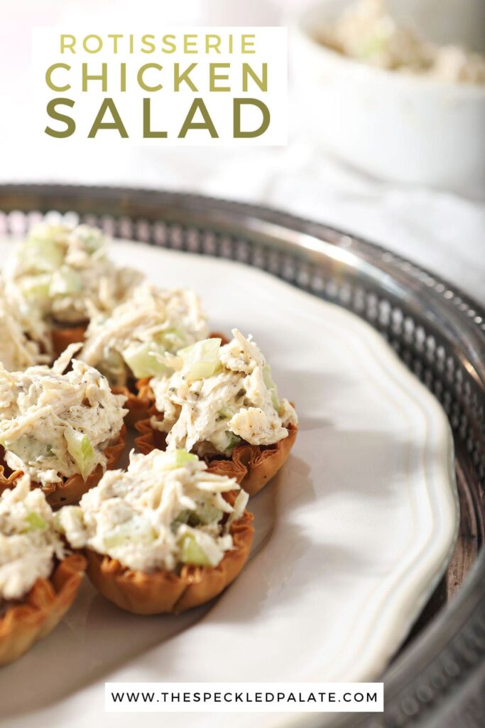 Chicken salad cups on a white plate with the text 'rotisserie chicken salad'