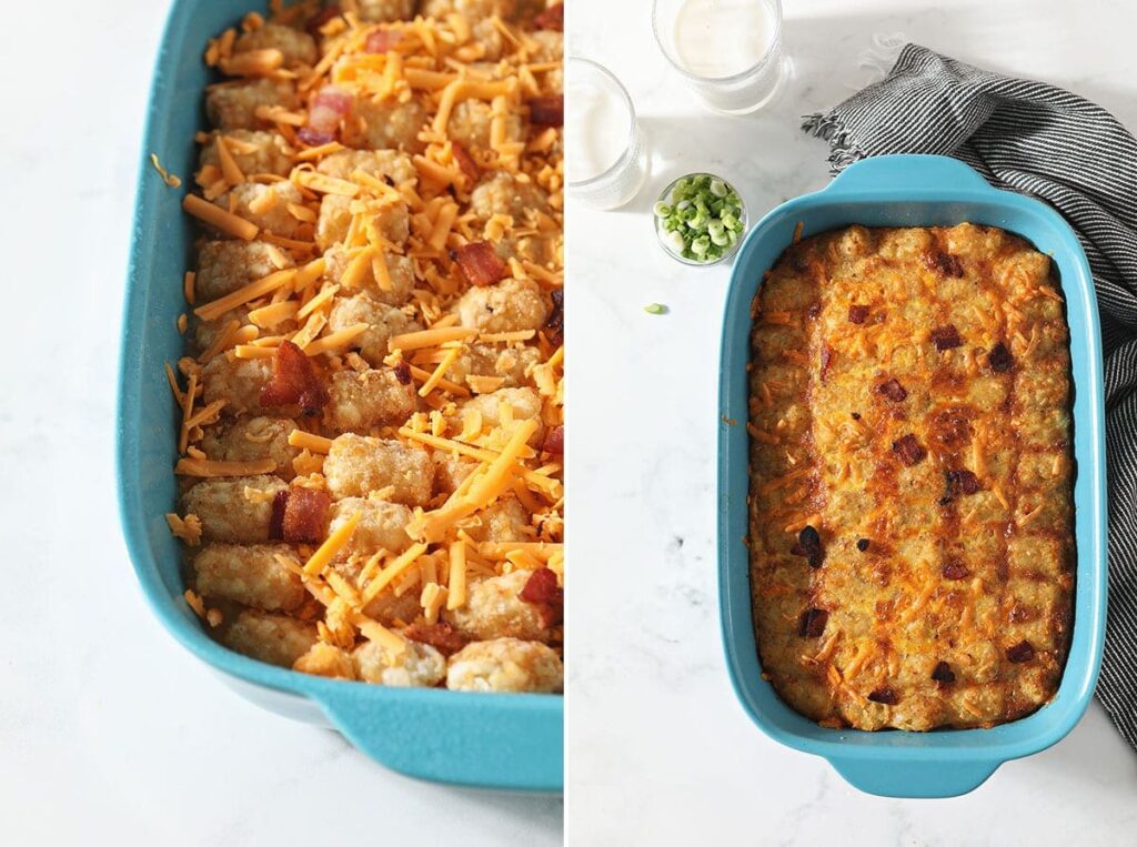 Collage showing before and after baking the tater tot egg casserole 