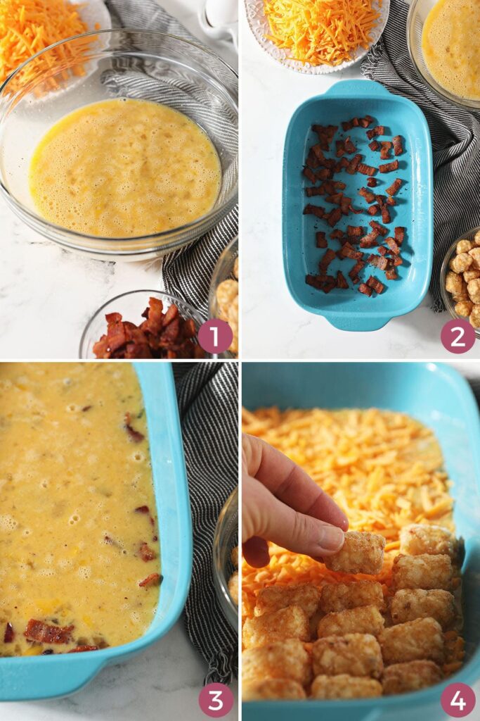 Collage showing how to make a breakfast tater tot casserole with bacon