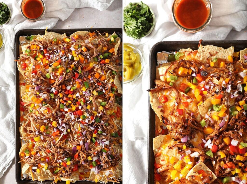 A collage showing homemade nachos before and after baking