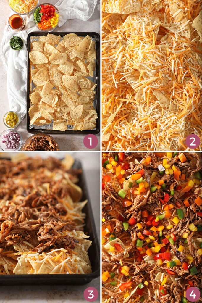 A collage showing how to layer barbecue nachos