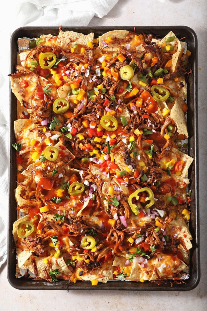 A tray of BBQ nachos straight out of the oven