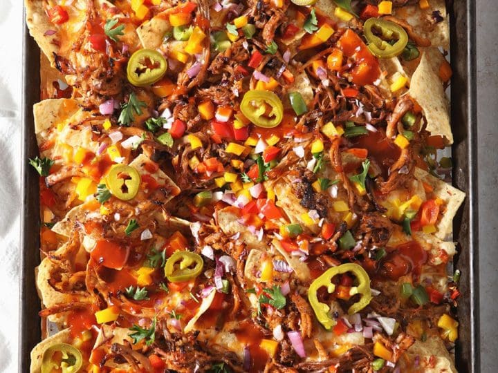 A tray of BBQ nachos straight out of the oven