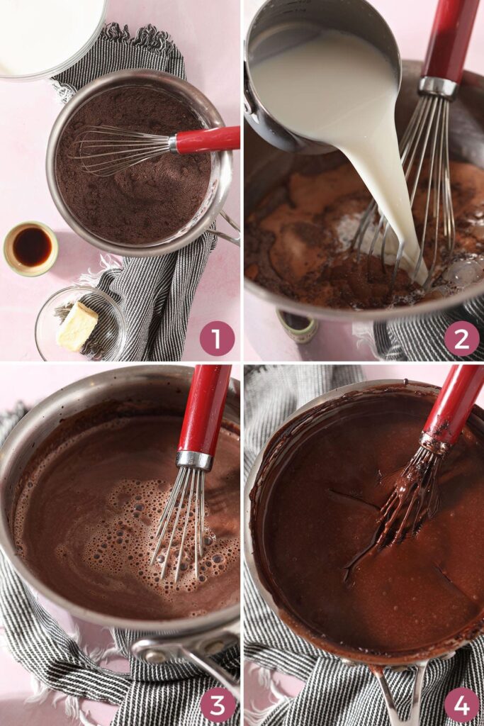 Collage of four images showing how to make homemade chocolate pudding