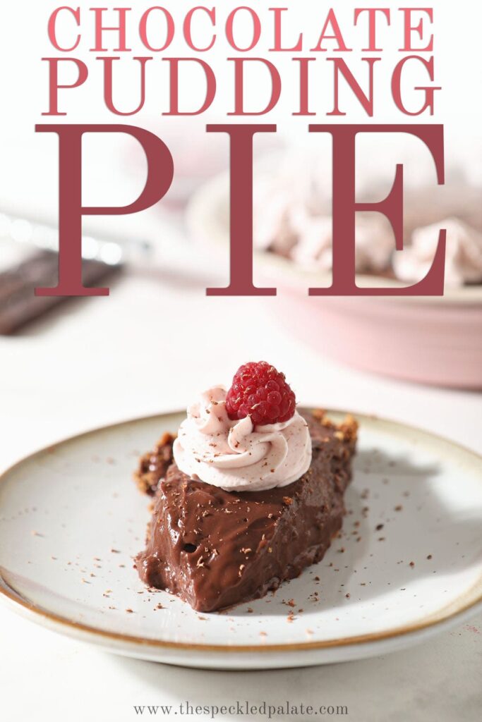 A slice of chocolate pudding pie with whipped cream and a raspberry on top with Pinterest text