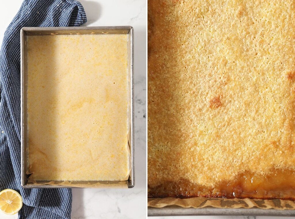 A collage of lemon bars before and after baking