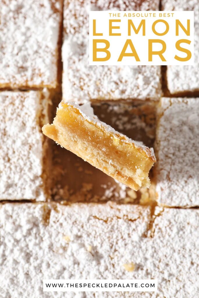 Sliced dessert bars with the text the absolute best lemon bars