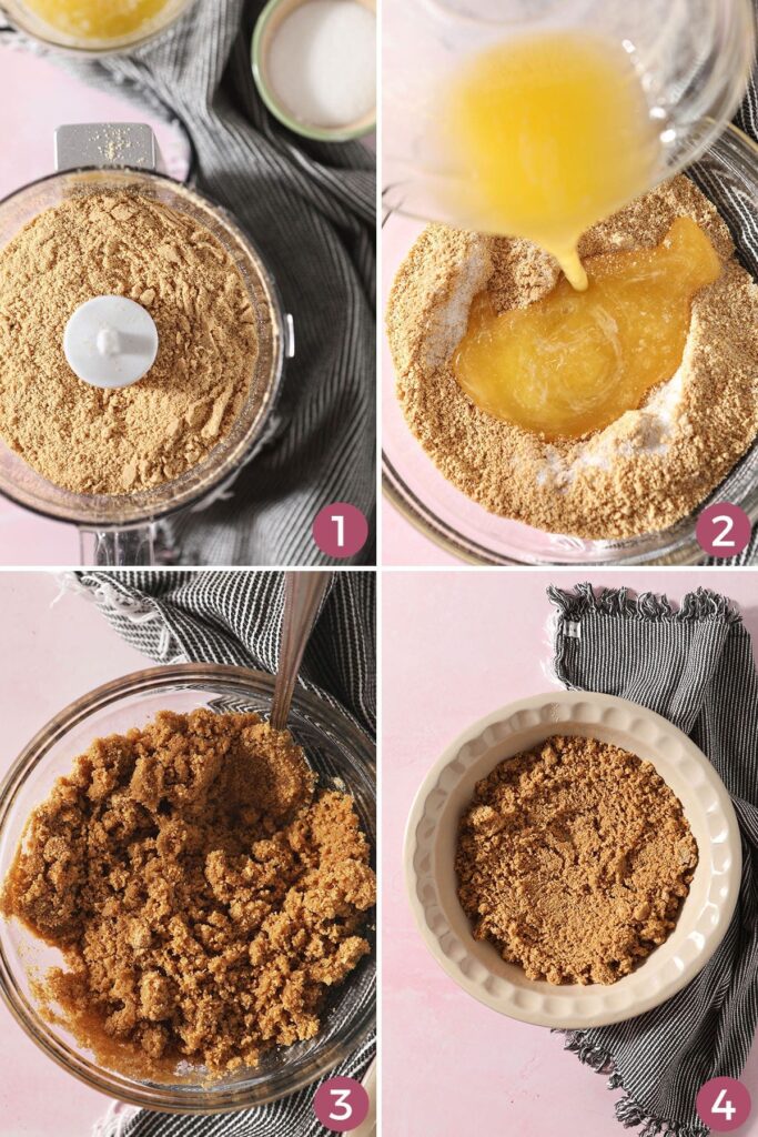 Collage of four image showing how to make a graham cracker pie crust