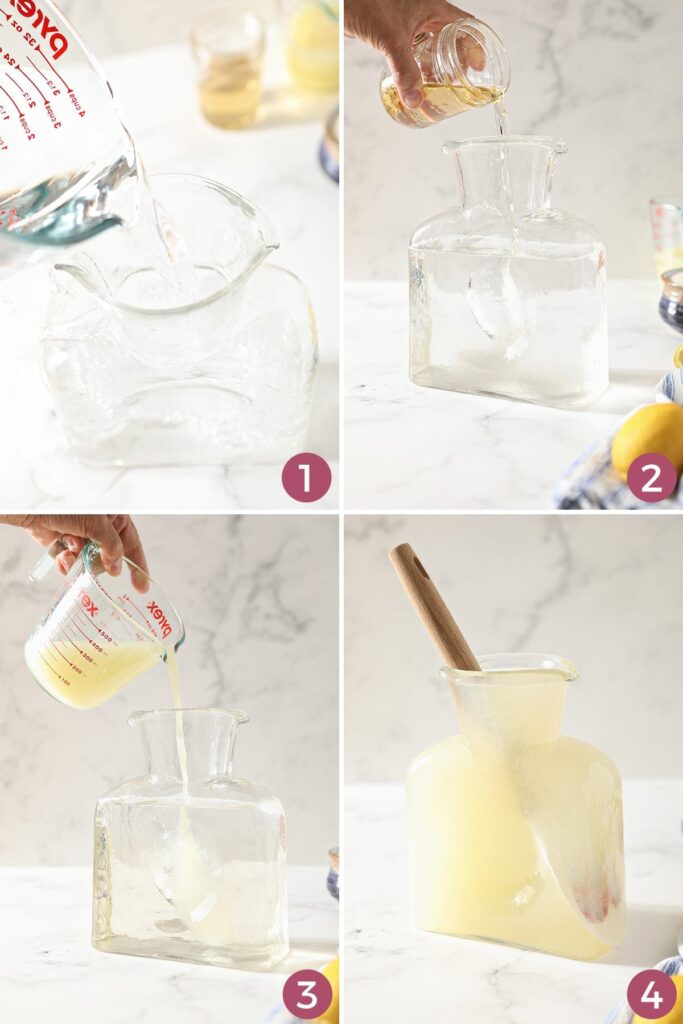 A collage of four images showing how to make easy homemade lemonade in a pitcher