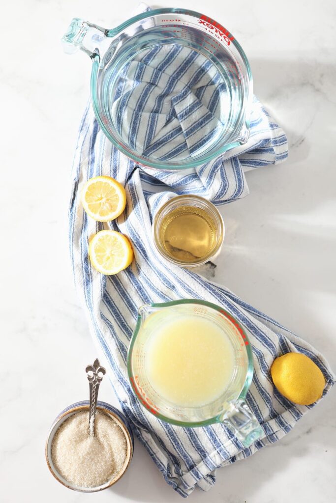 Homemade lemonade ingredients in bowls and jars on a blue and white towel