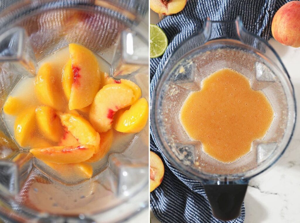 Collage of peaches and other ingredients before and after blending