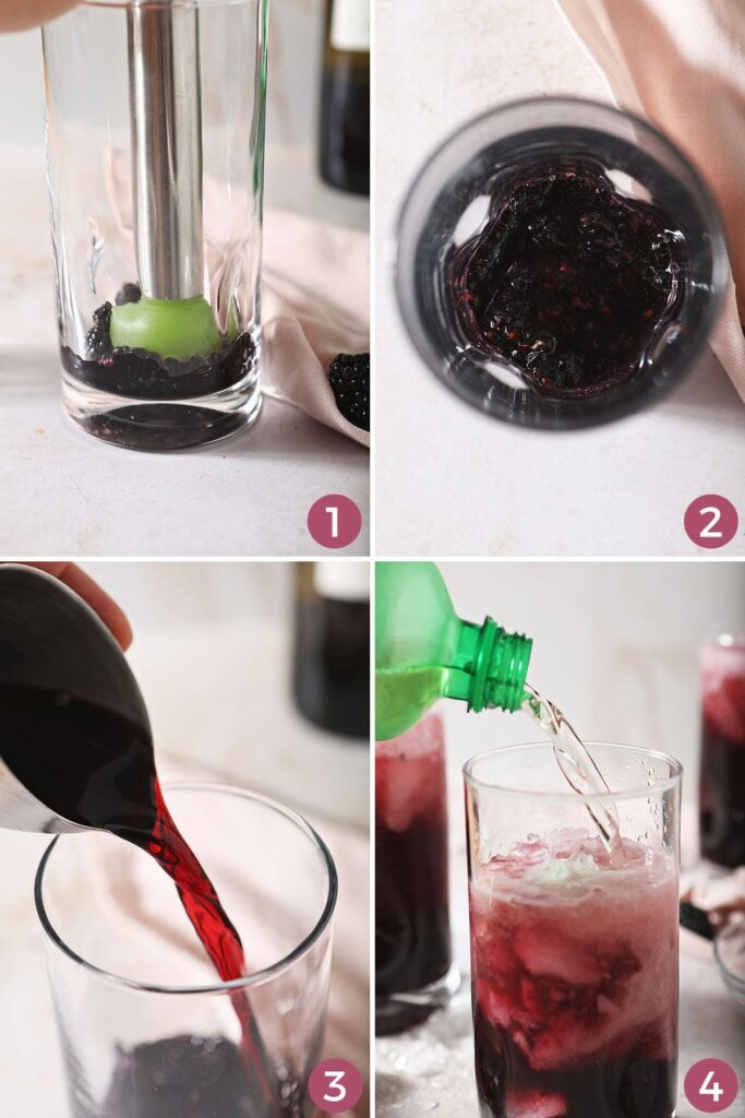 Collage of four images showing how to make a red wine spritzer