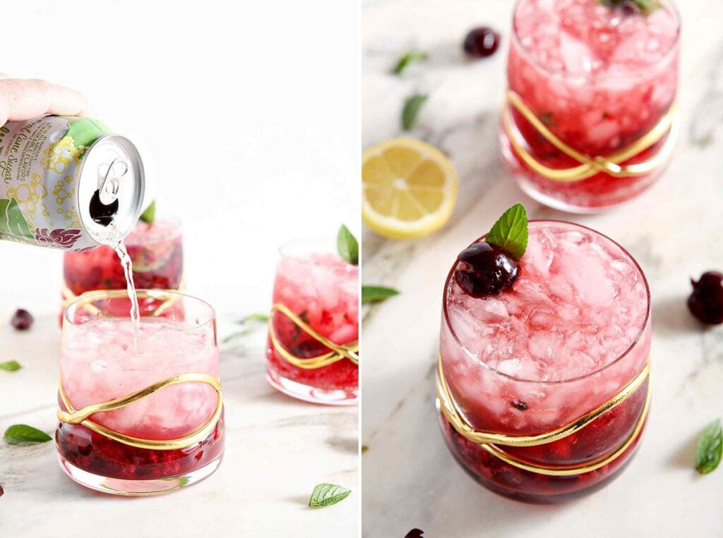 Collage showing how to mix a cherry smash with vodka