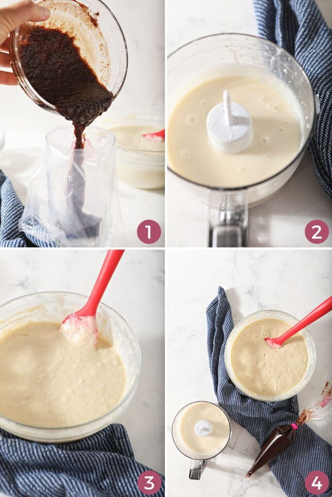 Collage showing how to put together the batter and glaze for cinnamon roll pancakes